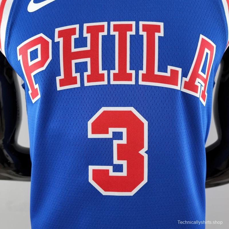 Retro Philadelphia 76ers Iverson #3 Crew Neck Blue NBA Jersey 