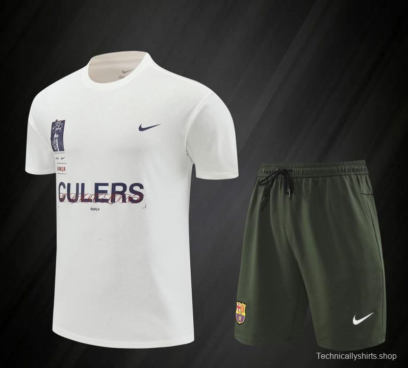 23/24 Barcelona White Cotton Short Sleeve Jersey+Shorts