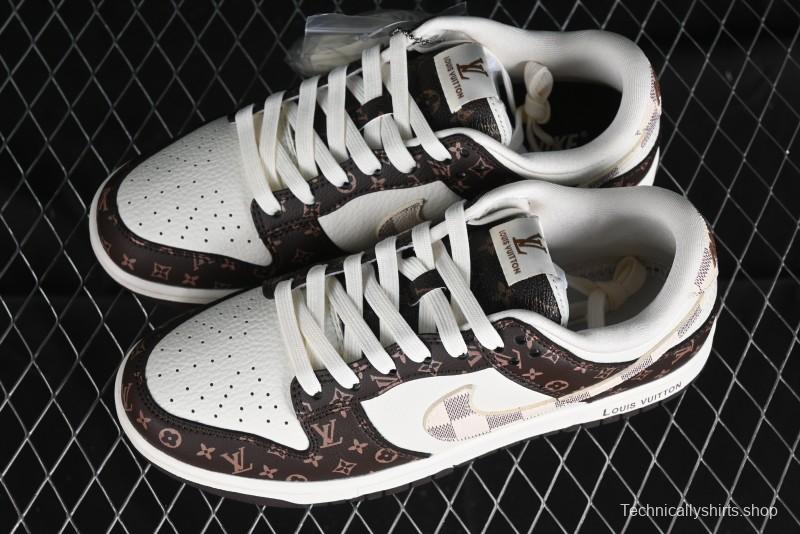 Nike SB Dunk Low LV Collaboration - Checkerboard Brown White Swoosh Anniversary High-End Custom Low-Top Casual Sneakers - SJ2068-253