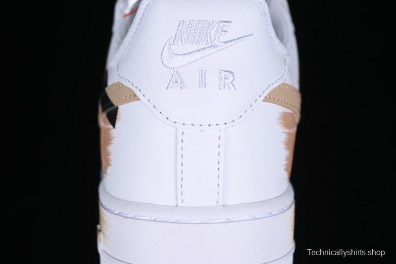 Nike Air Force 1 '07 Low Casual Sneakers with Anime-Inspired Hand-Painted Design, Broken Swoosh Shadow Effect, Brown/Black - CW2288-111