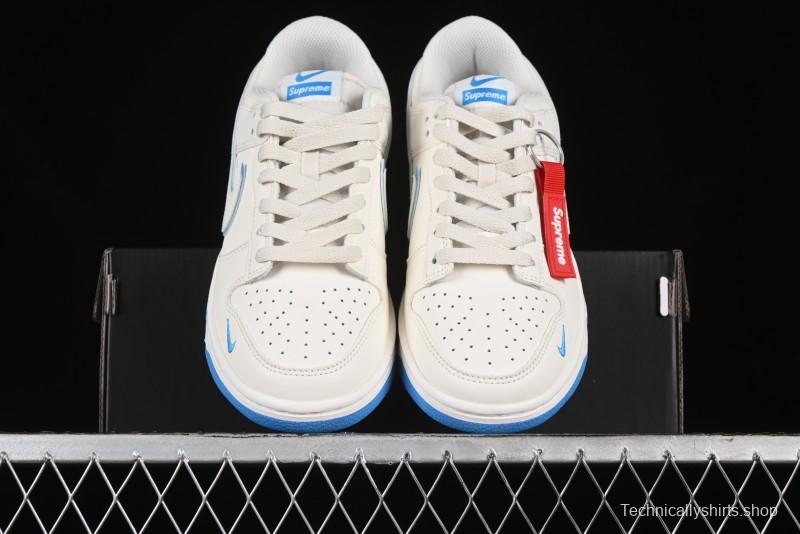 Nike SB Dunk Low Supreme Collaboration - Cream White with Sky Blue Swoosh Anniversary Customized Low-Top Casual Skate Shoes - DJ2024-012