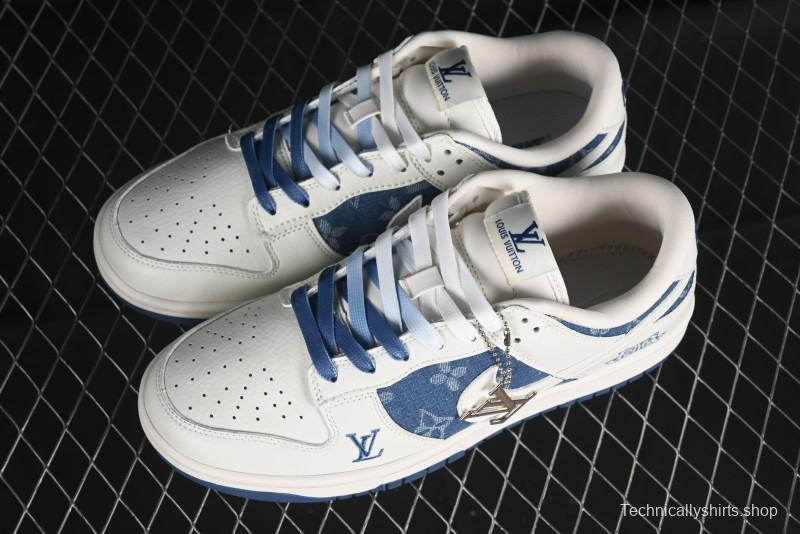 Nike SB Dunk Low LV Collaboration - Beige Blue Print Anniversary High-End Custom Low-Top Casual Skate Shoes - JH8310-954