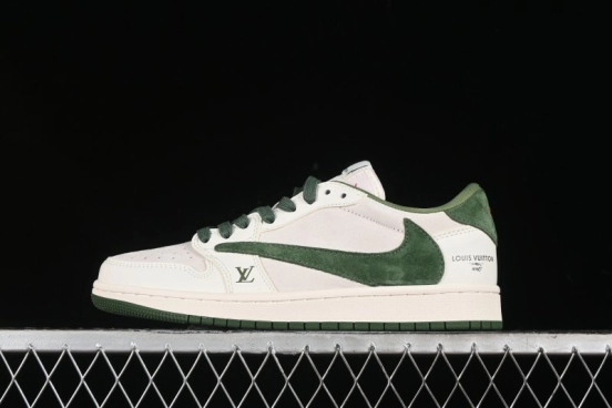 Nike Travis Scott x Fragment Design x Air Jordan 1 Low OG SP AJ1 LV Collaboration - Grey Green Pigskin Low Top Casual Sneakers - XZ1268-005