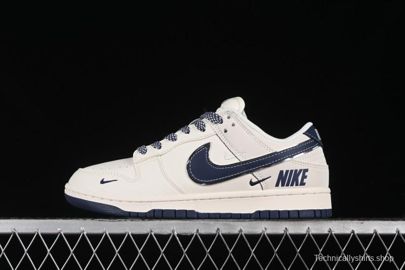 Nike SB Dunk Low Anniversary Premium Custom Low-Top Casual Skate Shoes in Off-White with Navy Blue Swoosh - SJ1089-004