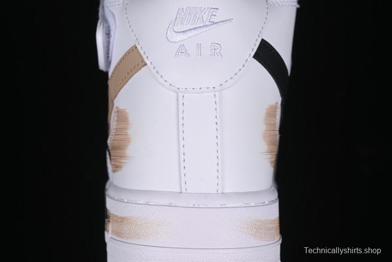Nike Air Force 1 '07 Mid Hand-Painted White Black Brown with Swoosh Shadow Strap Mid-Top Casual Sneakers - CW2289-111