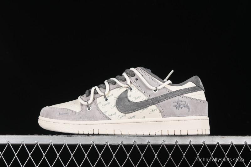 Nike SB Dunk Low Stussy Collaboration - Strap Grey Embroidered Swoosh Anniversary Custom Low-Top Casual Skate Shoes - SJ2068-307