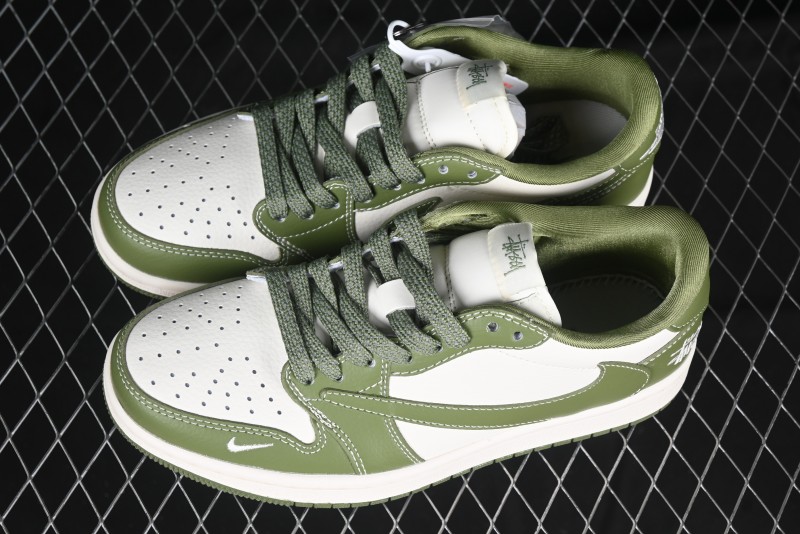 Nike Travis Scott x Fragment Design x Air Jordan 1 Low OG SP AJ1 Stussy Collaboration Bamboo Green Low-Top Casual Sneakers - BB1199-201