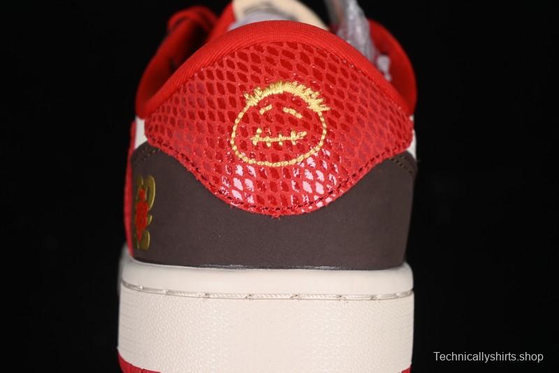 Nike Travis Scott x Fragment Design x Air Jordan 1 Low OG SP AJ1 Snake Year Limited Edition Snake Scale Red Hook Low Top Lifestyle Casual Sneakers - CH6336-020
