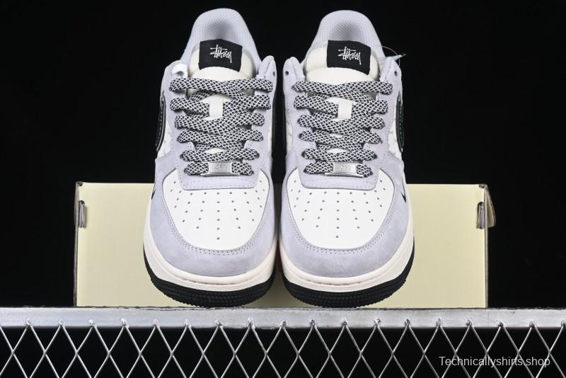 Nike Air Force 1 '07 Low Stussy Collaboration Grey Pigskin Black Swoosh Low-Top Casual Sneakers - XZ3318-099