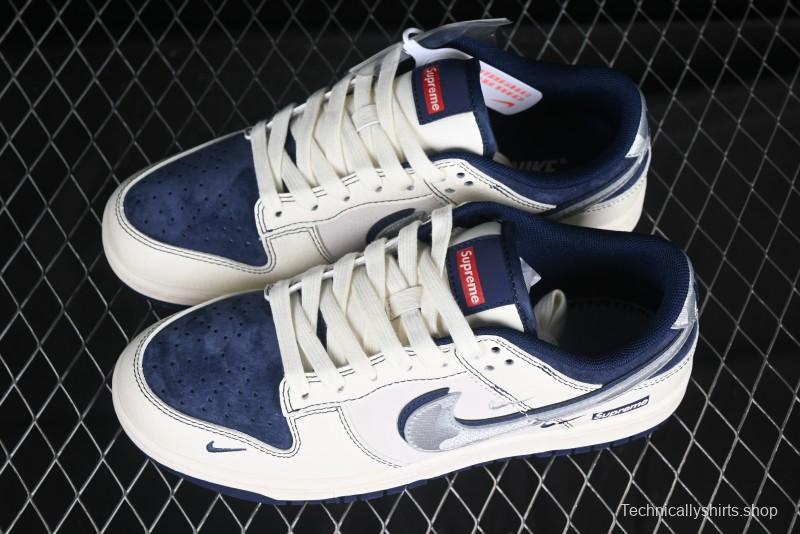 Nike SB Dunk Low Supreme Collaboration Anniversary Edition Customized Low-Top Casual Skate Shoes with Silver-Blue Swoosh and Hidden Pattern - DM6868-044