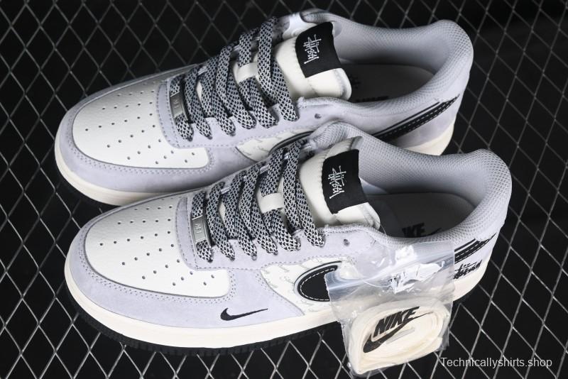 Nike Air Force 1 '07 Low Stussy Collaboration Grey Pigskin Black Swoosh Low-Top Casual Sneakers - XZ3318-099