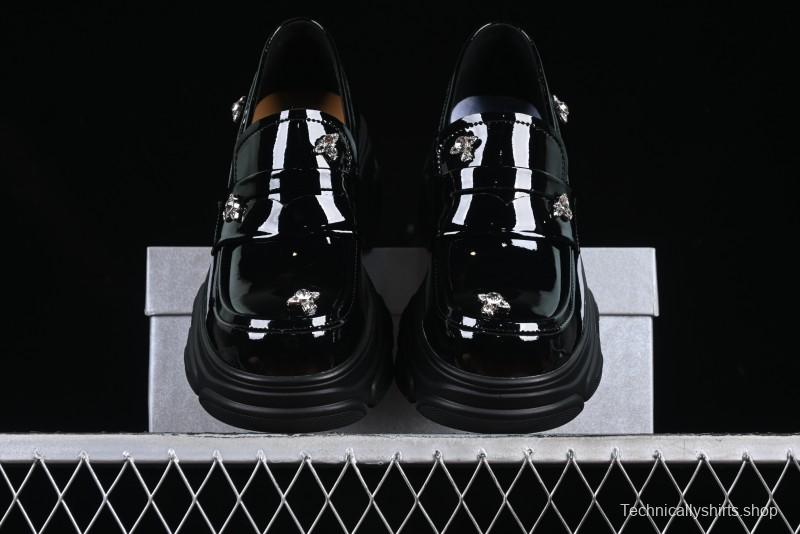 Black Patent Chunky Platform Loafers with Metal Embellishments
