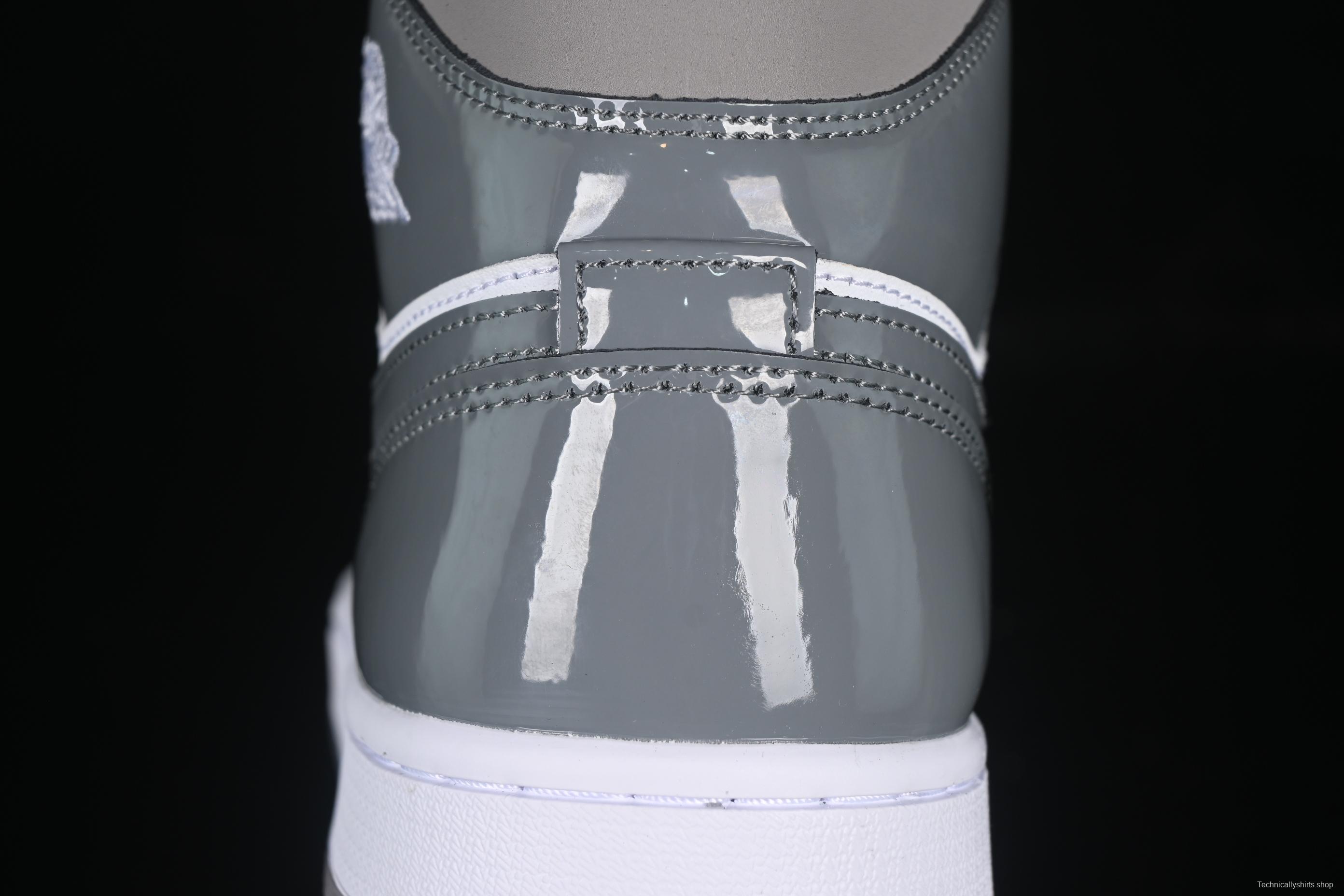 Nike Air Jordan 1 Mid Basketball Shoes in White Grey Patent Leather - HF3216-100