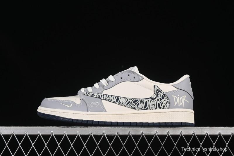 Nike Travis Scott x Fragment Design x Air Jordan 1 Low OG SP AJ1 Dior Collaboration Embossed Pattern Low-Top Casual Sneakers - XS2024-023