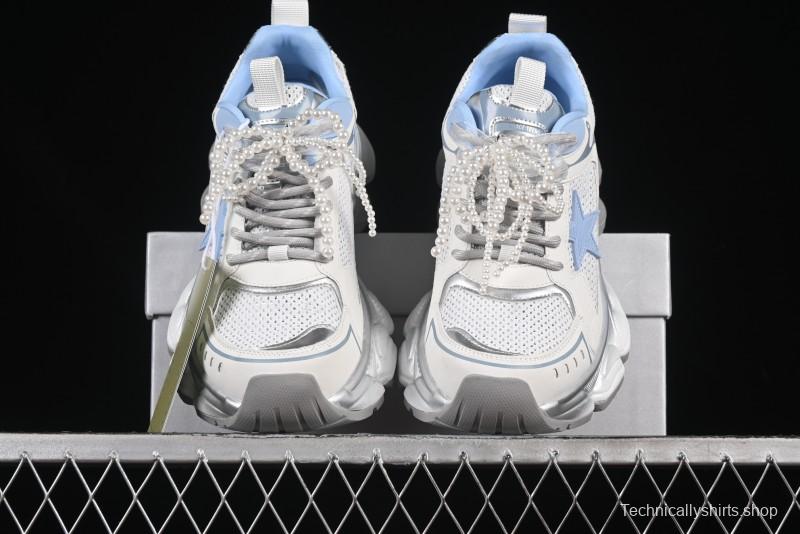 GG-CC Star Same Style Lace-Up Hollow Out Dad Shoes with 5cm Hidden Height Increase - G25X269 White Blue