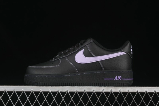 Nike Air Force 1'07 Low Casual Sneakers in Black with Purple Swoosh - HQ2037-001
