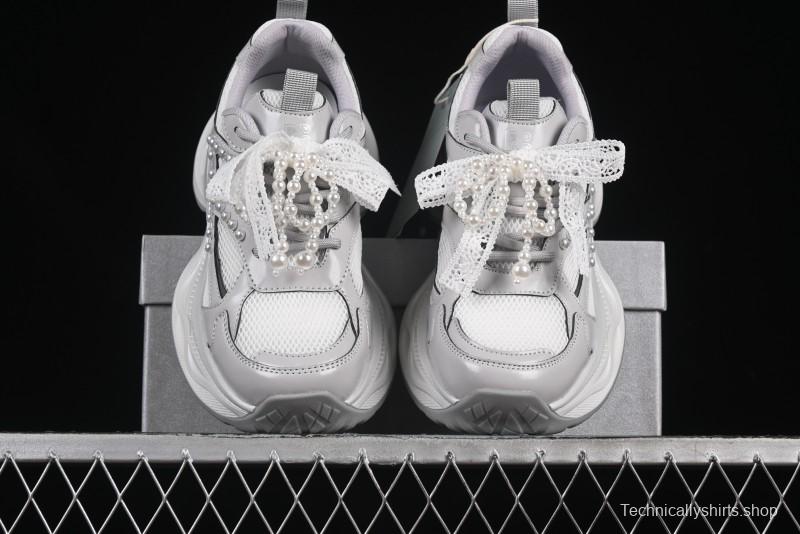 GG-CC Lace Pearl Chain Casual Platform Dad Shoes - 250310 Silver