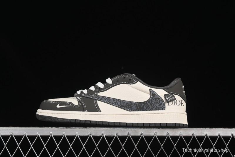 Nike Travis Scott x Fragment Design x Air Jordan 1 Low OG SP AJ1 Dior Collaboration Beige Swoosh Low-Top Casual Sneakers - XS2024-039