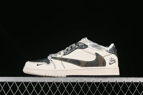 Nike Travis Scott x Fragment Design x Air Jordan 1 Low OG SP AJ1 Stussy Collaboration Dual Camo Swoosh Low-Top Casual Sneakers - XS7089-548