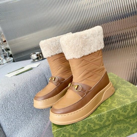 2024 Women Gucci Brown Tan Leather Shearling Lined Snow Boots MJ00420