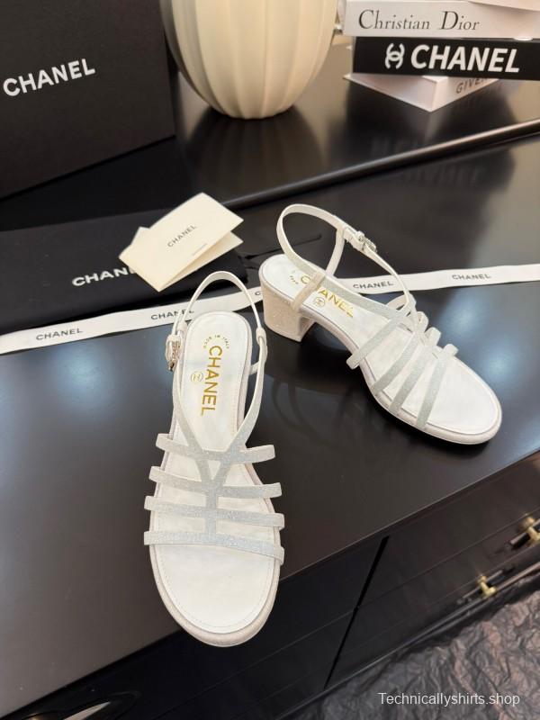 2025 Women Chanel White Leather Sandals