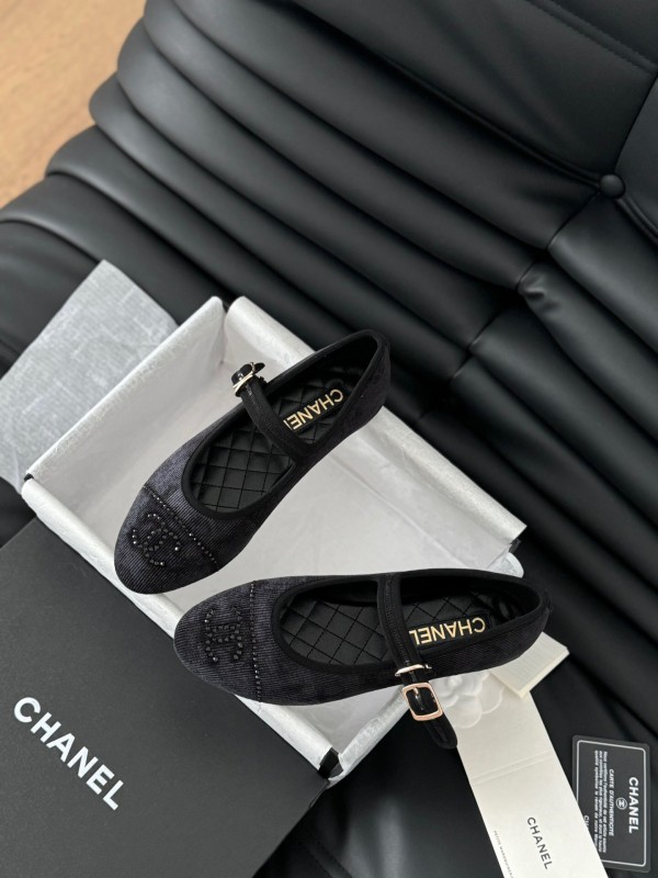 2025 Women Chanel Black Velvet Mary Jane Embroidered LY00280