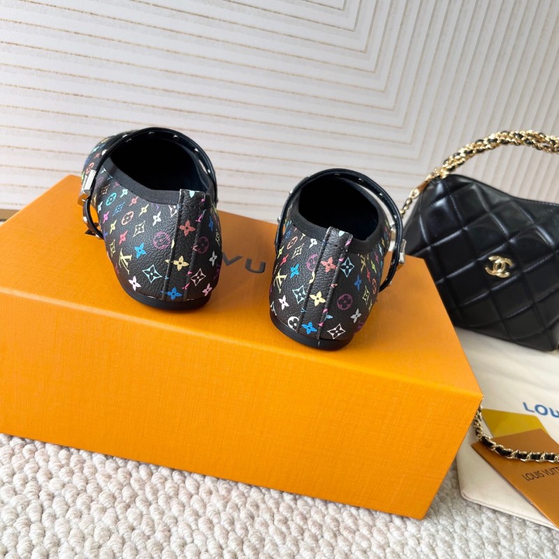 2025 Women Louis Vuitton Black Multicolor Leather Ballet Flats KFY00300