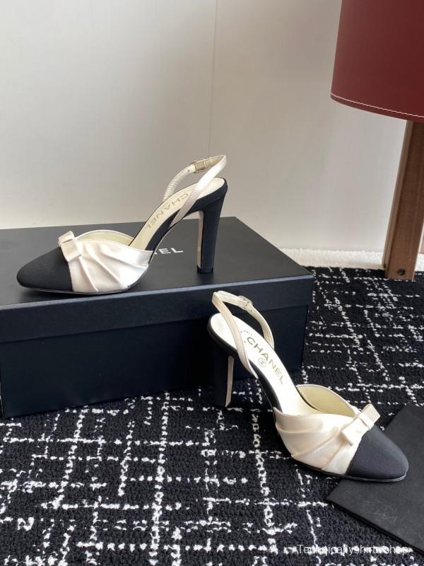 2025 Women Chanel Black White Satin Leather Slingback Heels