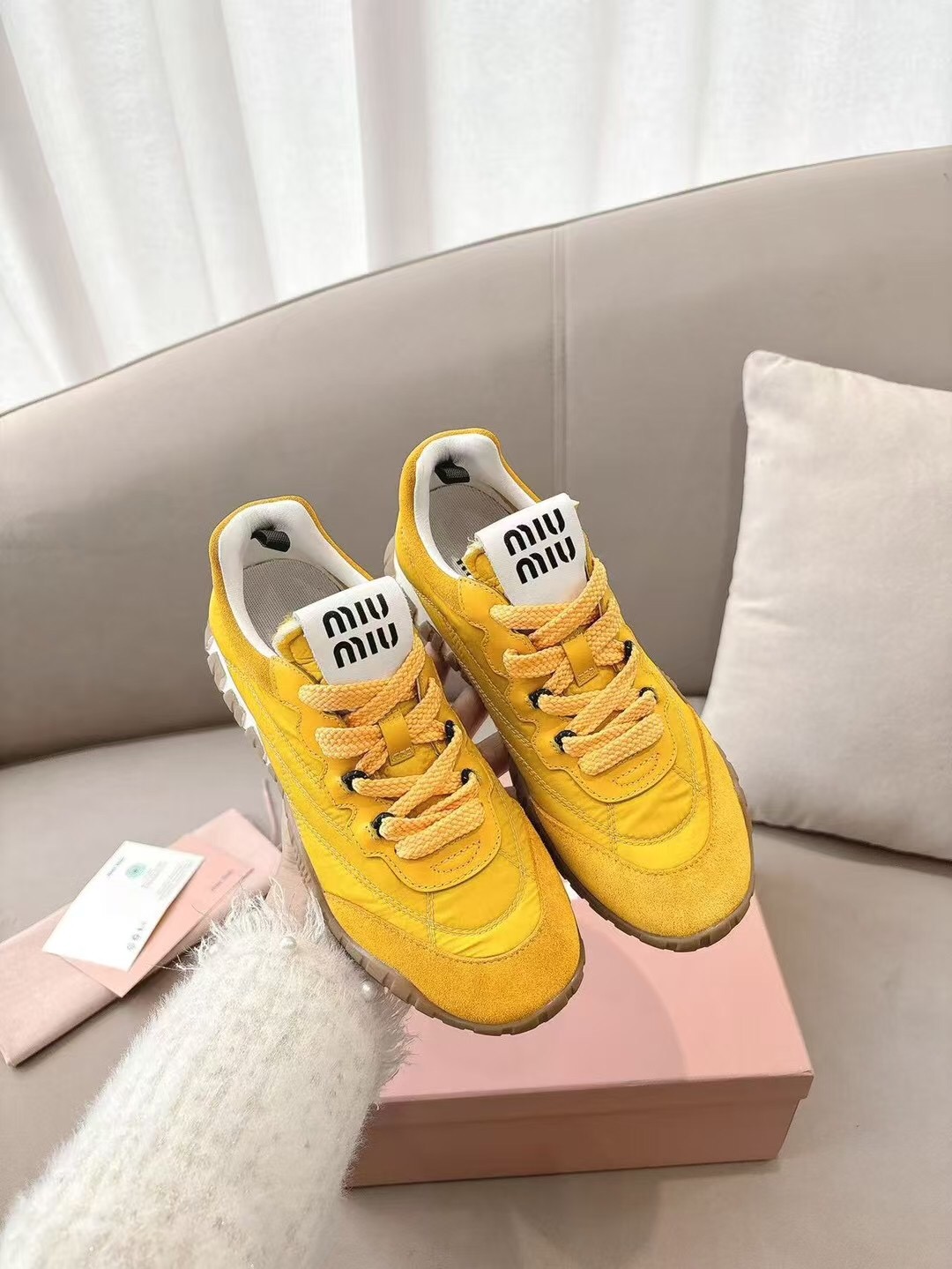 2025 Women Miu Miu Yellow Suede Sneakers KFY00280