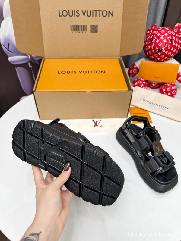 2025 Women Louis Vuitton Black Leather Fabric Sandals LV00310