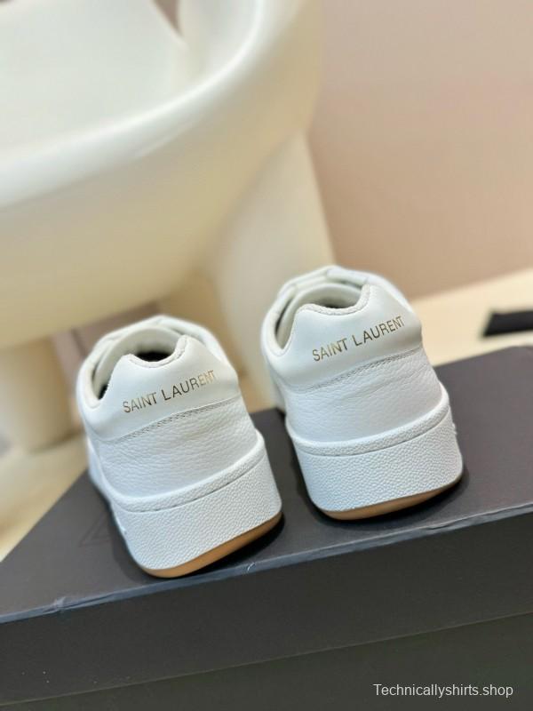 2024 Unisex Yves Saint Laurent White Silk Leather Sneakers Gold Hole Punch MJ00350