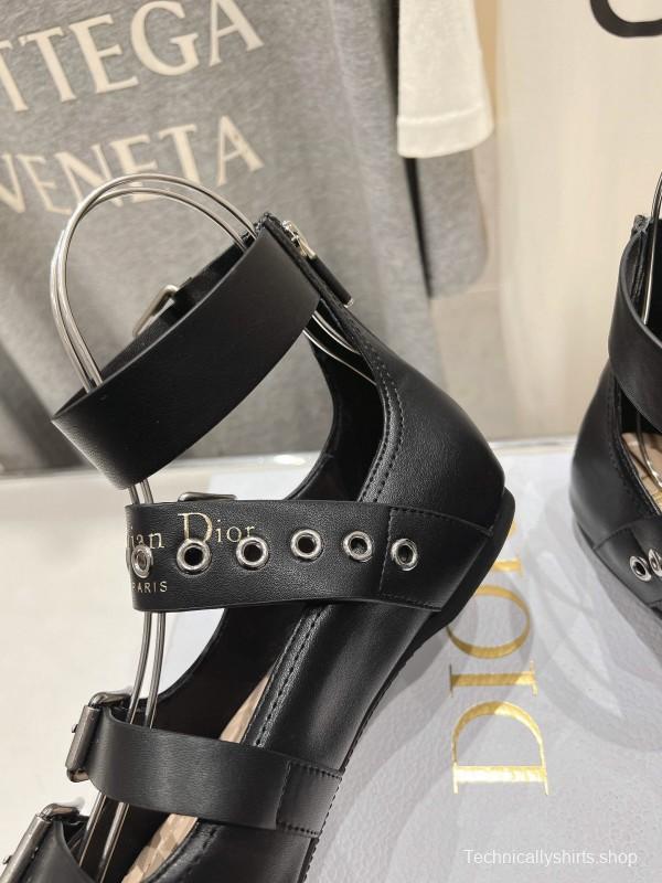 2025 Women Dior Black Leather Gladiator Sandals KFY00320