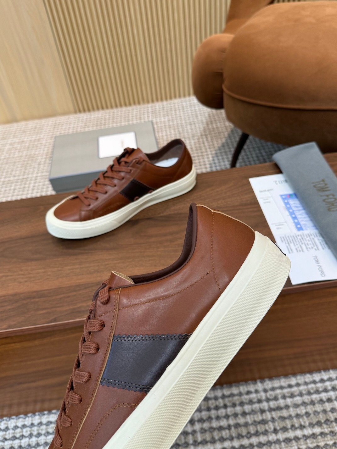 2025 Men TOM FORD Brown Black Leather Sneakers LY00360