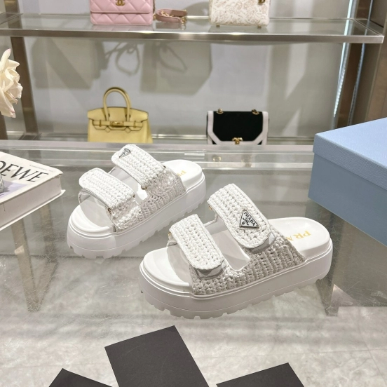 2025 Women Prada White Knit Leather Slippers