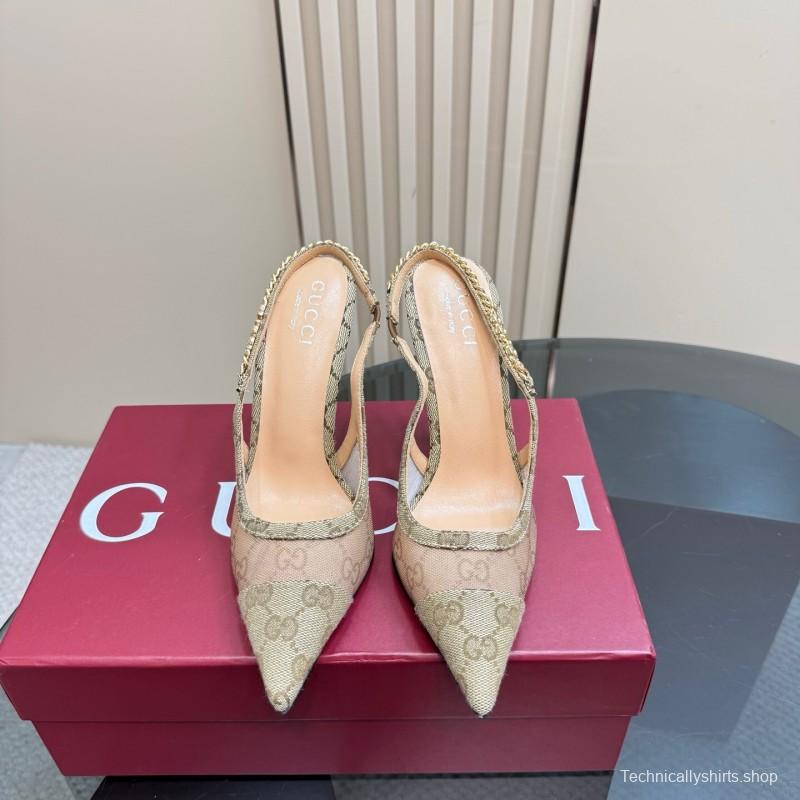 2025 Women Gucci Beige Mesh Fabric High Heel Pumps With Gold Chain Detailing KFY00300(F)