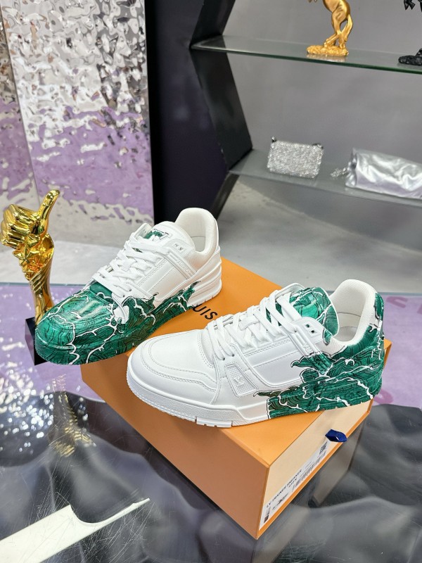 2024 Unisex Louis Vuitton Green White Leather Plimsolls Hand-Painted MJ00780