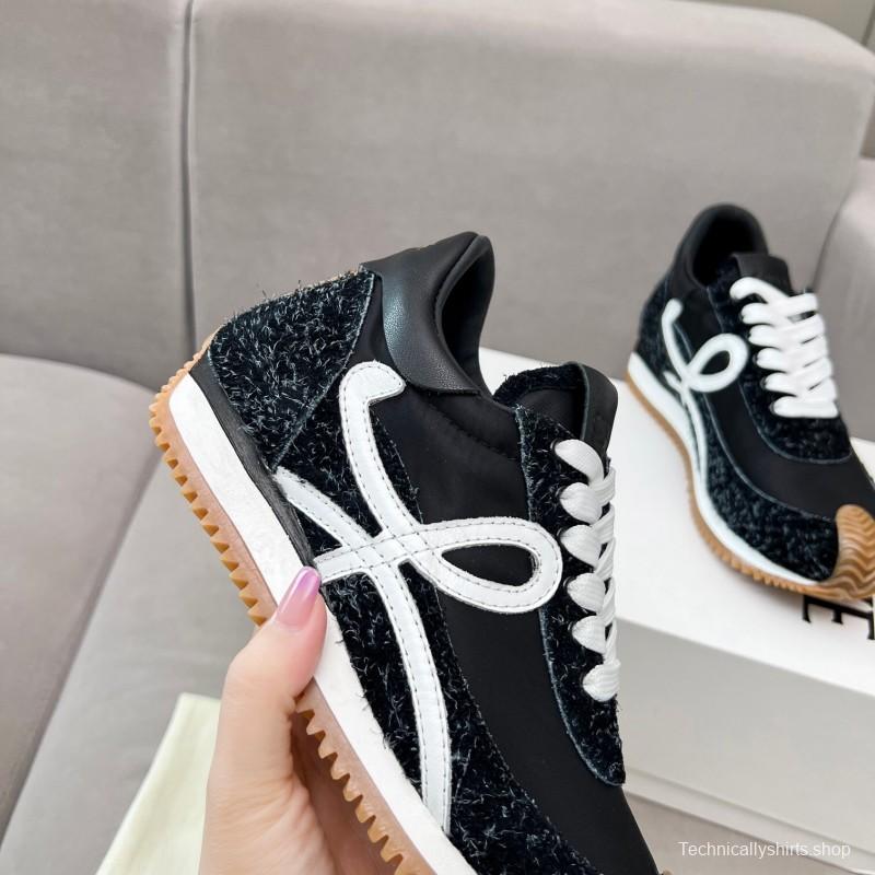 2025 Women Loewe Black White Leather Fabric Sneakers