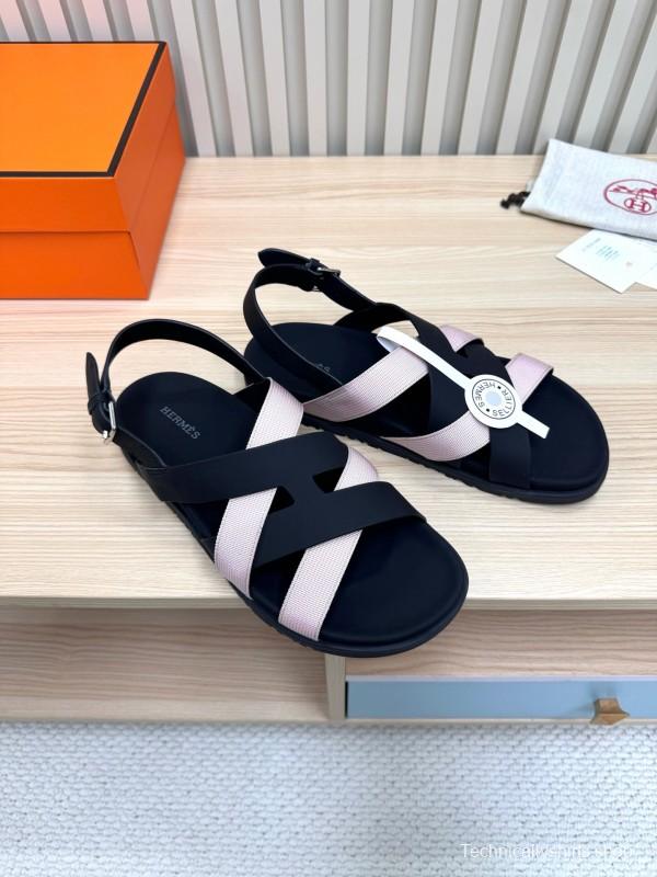 2025 Women Hermès Black Pink Leather Sandals LY00270