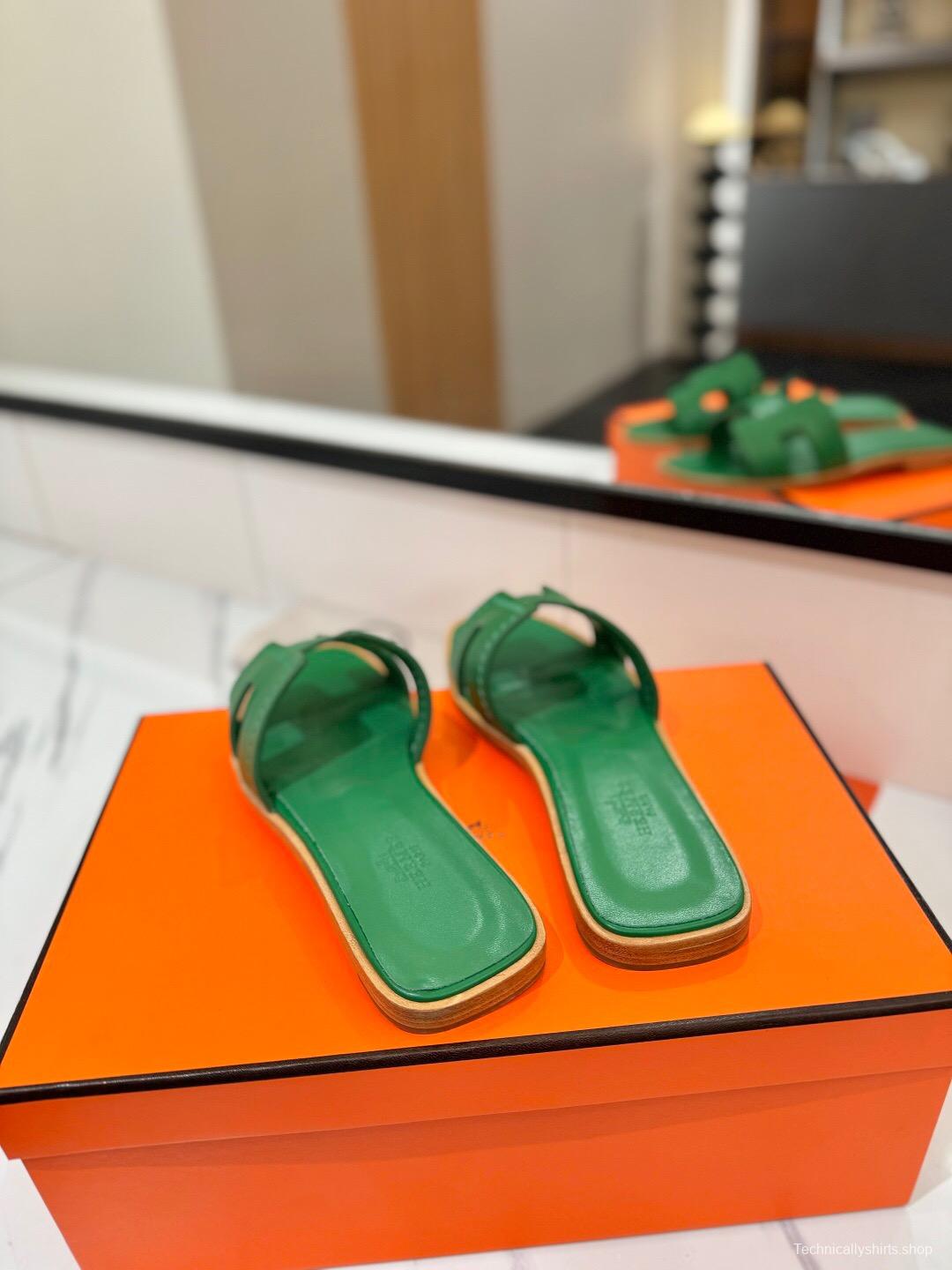 2025 Women Hermès Green Leather Slippers