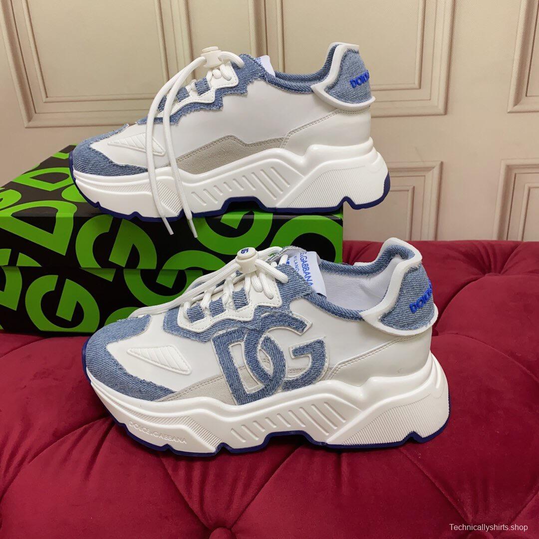 2025 Unisex Dolce & Gabbana White Blue Silk Leather Sneakers Exclusive Craft LY00330(F)/LY00340(M)