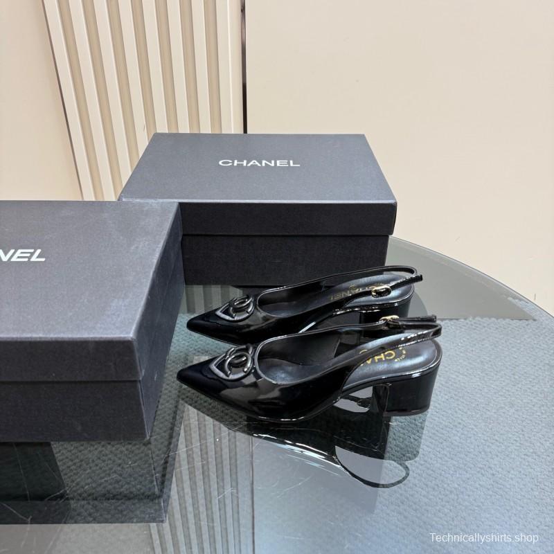 2025 Women Chanel Black Patent Leather Slingback Pumps