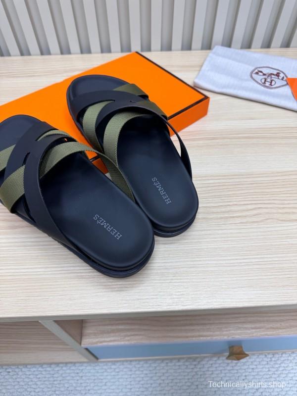 2025 Men Hermès Black Green Fabric Leather Slippers