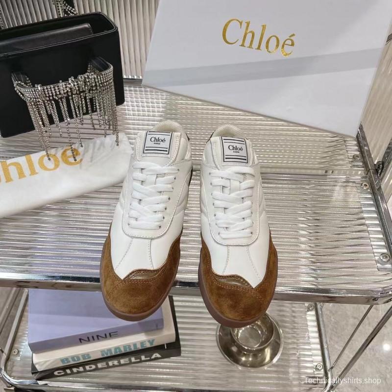 2025 Women Chloé White Brown Leather Suede Sneakers LY00300
