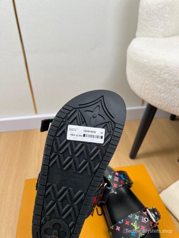 2025 Women Louis Vuitton Black Rainbow Canvas Slippers KFY00280