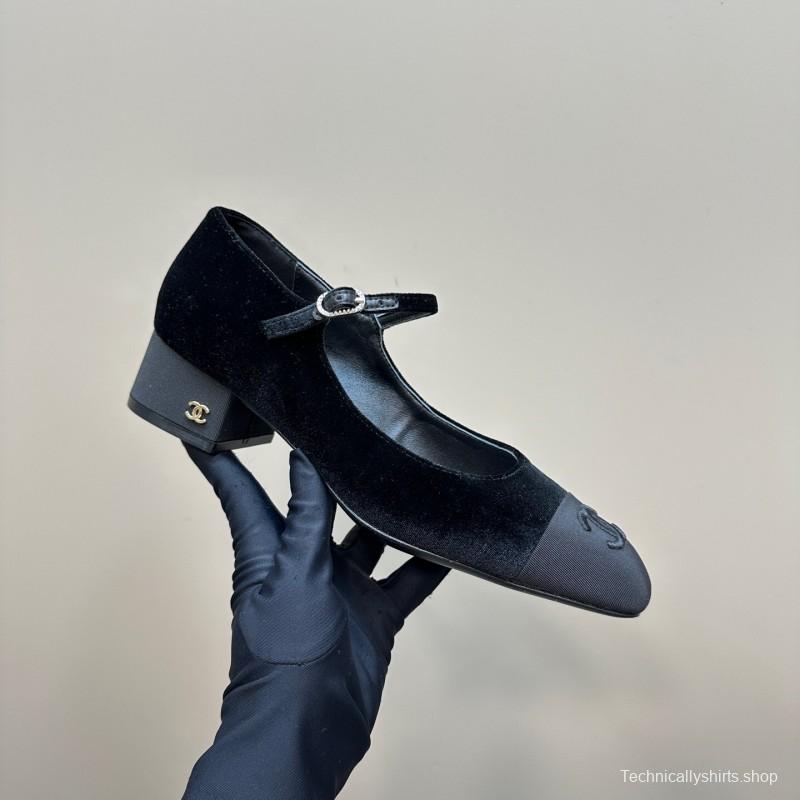 2025 Women Chanel Black Velvet Leather Mary Jane