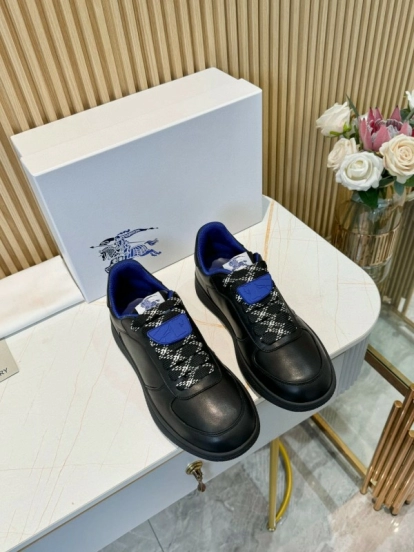 2024 Men BURBERRY Black Blue Calf Leather Sneakers MJ00330
