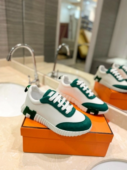 2024 Unisex Hermès White Green Mesh Suede Sneakers MJ00320