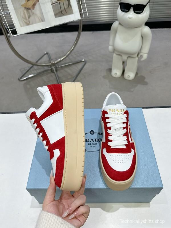 2025 Women Prada Red White Leather Sneakers KFY00310