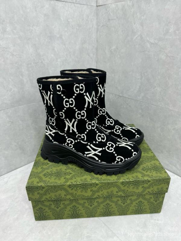 2024 Women Gucci Black White Suede Snow Boots GG NY Embroidery MJ00370