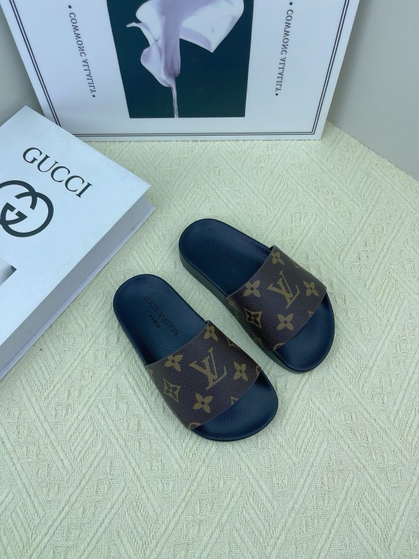 2025 Kids Louis Vuitton Brown Black Leather Slippers
